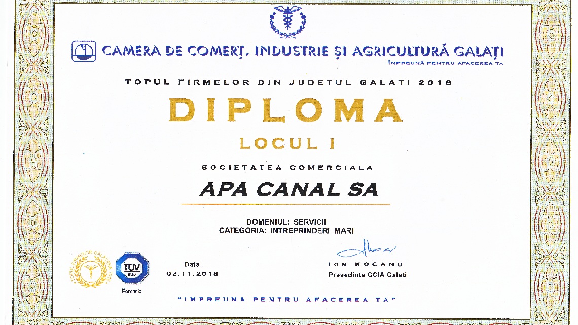 Premii pentru Apa Canal S.A. Galați